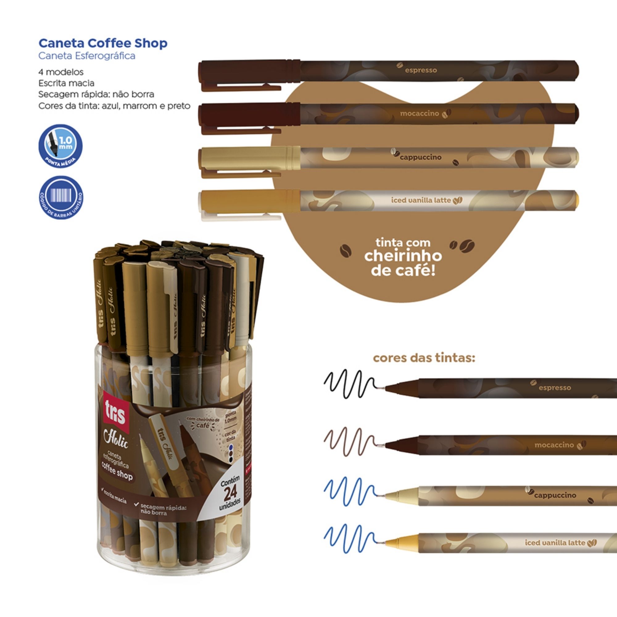 Caneta Esferográfica Holic Coffee Shop 1.0mm Com Cheirinho de Café | Tris