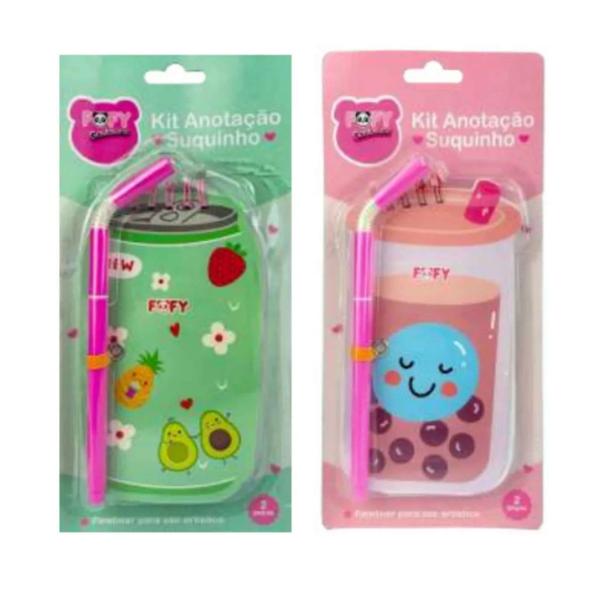Kit Anotação Suquinho SUPER Fofo! - Bloquinho 50 Folhas + Caneta Fineliner - Latinha ou Copinho e Canudinho | Fofy