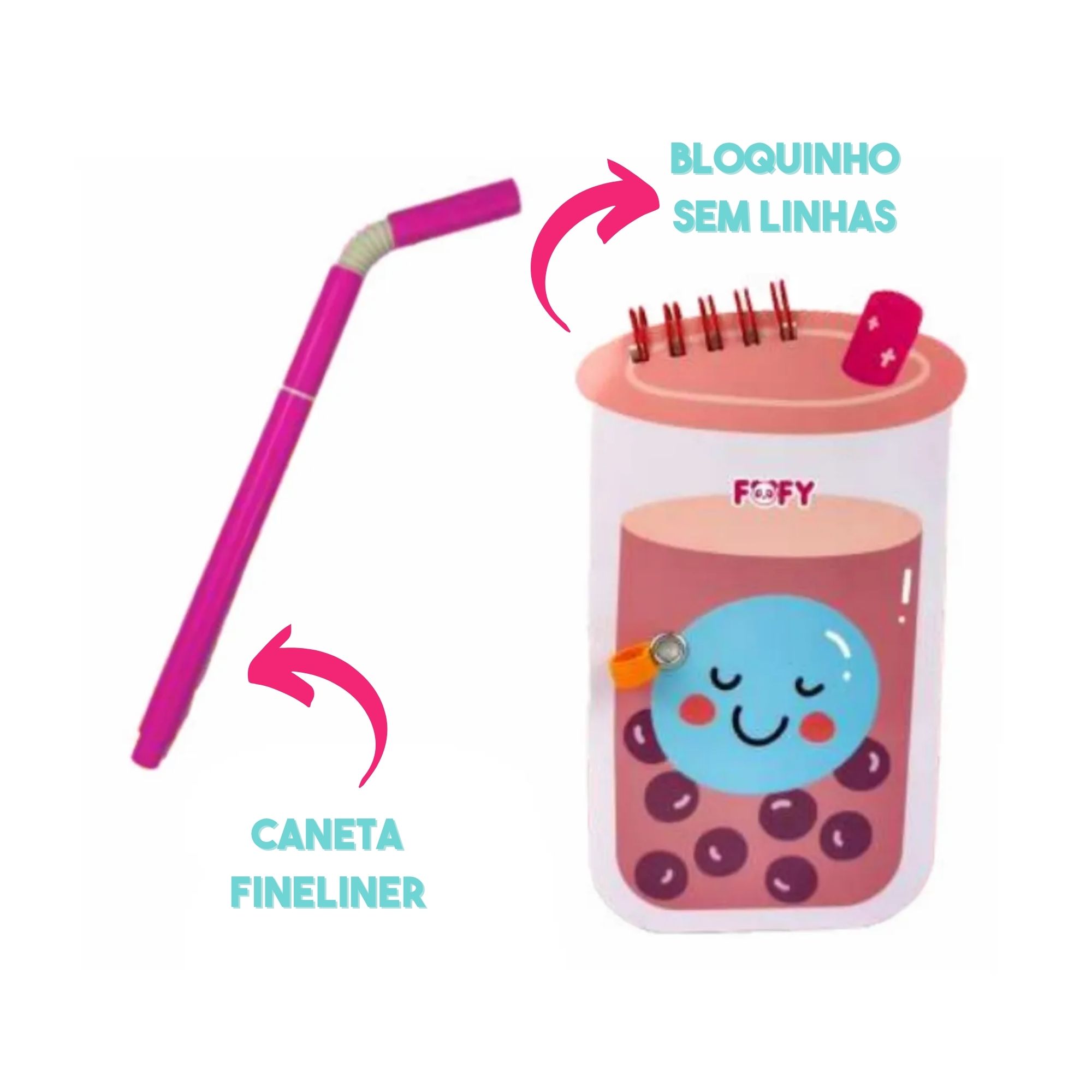 Kit Anotação Suquinho SUPER Fofo! - Bloquinho 50 Folhas + Caneta Fineliner - Latinha ou Copinho e Canudinho | Fofy