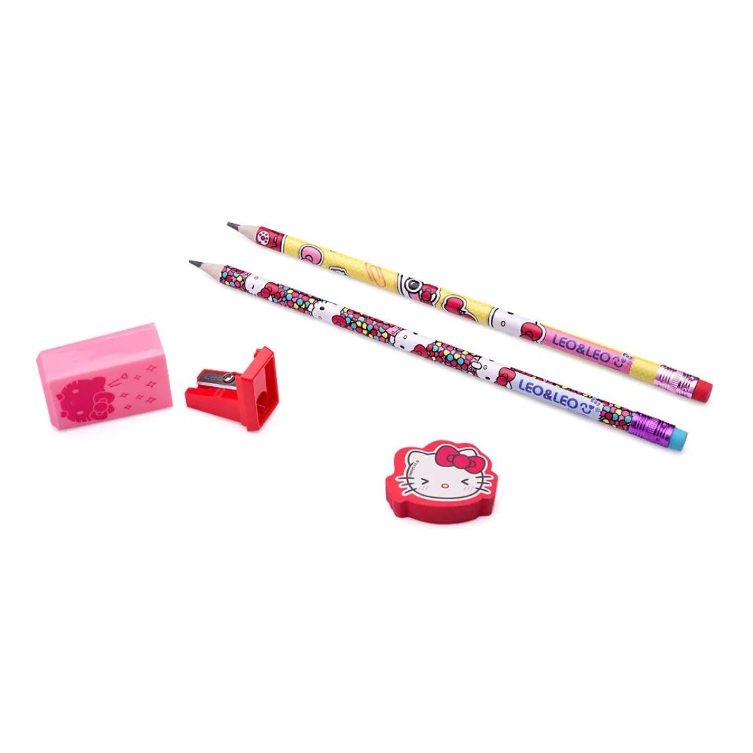 Kit Hello Kitty com 2 Lápis, Borracha Fofa e Apontador Sanrio | Leonora