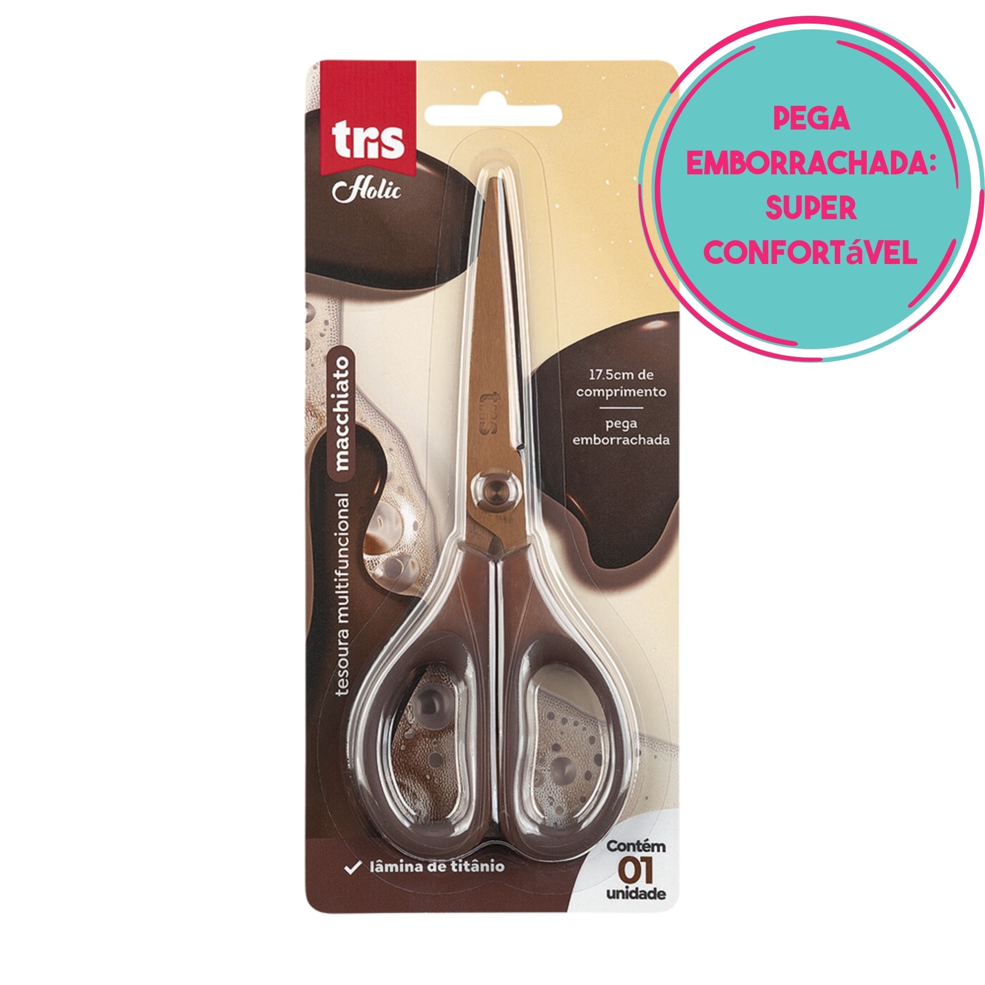 Tesoura Multifuncional Holic Macchiato 17,5cm - Pega Emborrachada Café | Tris